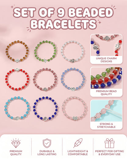 Set of 9 Coloured Bead &amp; Silver Plated Butterfly-Tortoise-Star-Elephant-Smiley-Bird-Butterfly Charm Bracelet for Girl