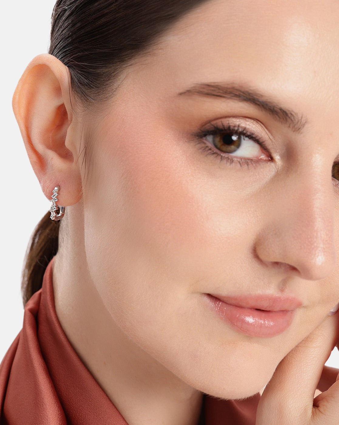 Rhodium Plated Studded Square Hoop Earring with Baguette CZ