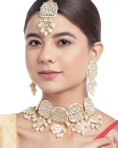 Gold-Plated Kundan Pearl Choker, Earrings &amp; Maang Tika Set