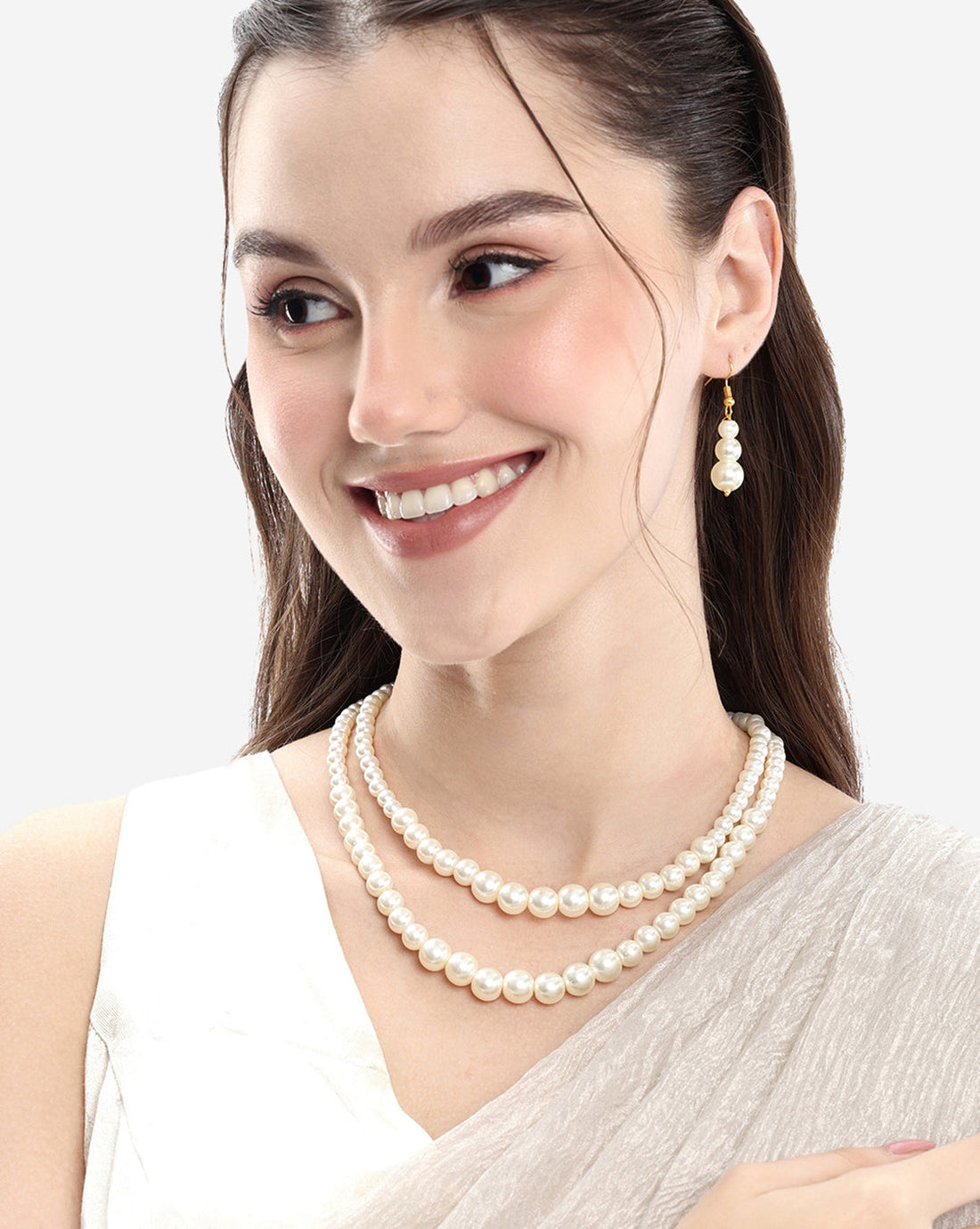 Gold Plated Double Strand Graduating Pearl Necklace with Earring Set