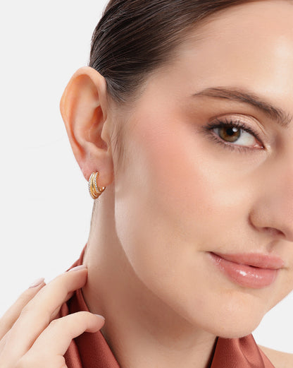 18kt Gold Plated CZ Triple Layered Huggie Half Hoop Earring