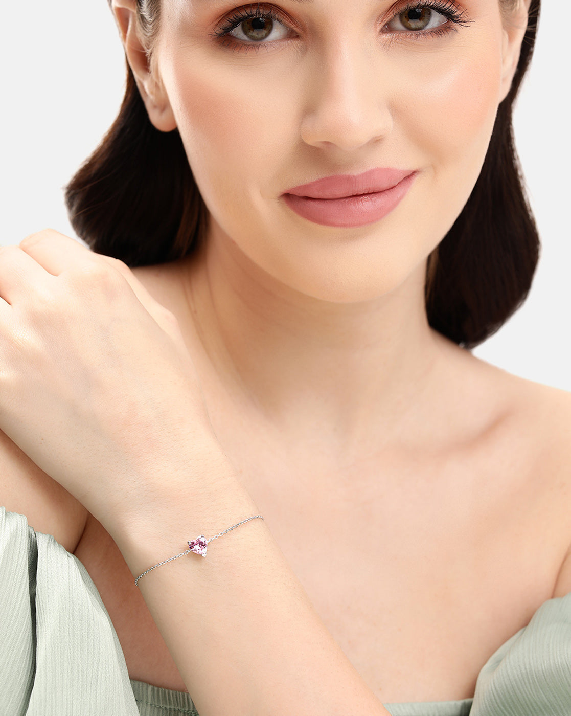 Rhodium Plated Petite Pink CZ Solitaire Heart Adjustable Chain Bracelet