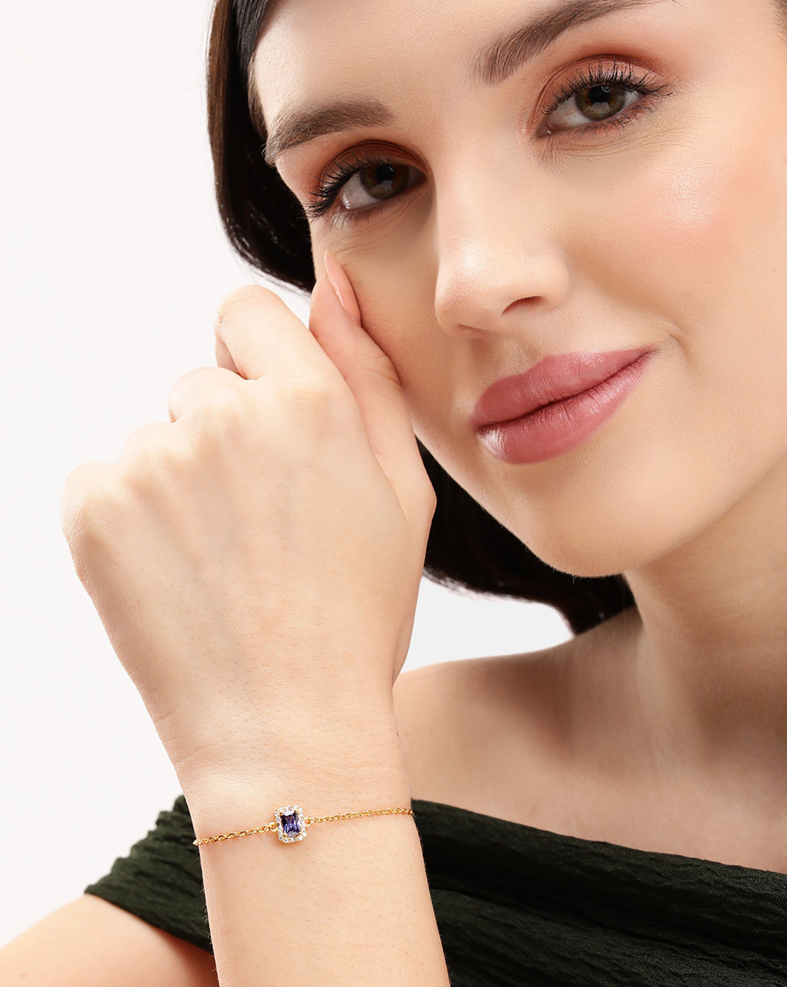 18kt Gold-Plated Sapphire-Blue CZ Halo Adjustable Bracelet