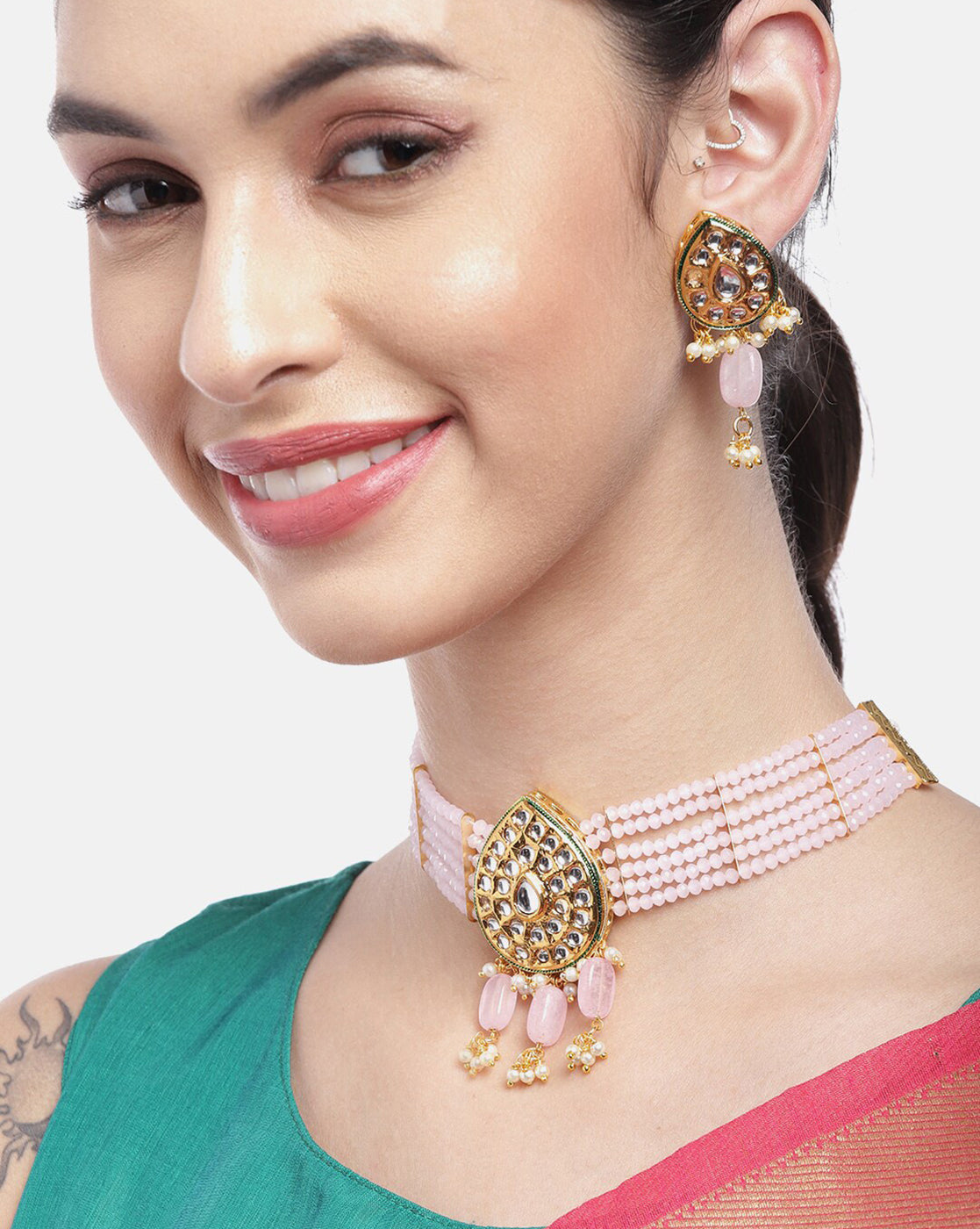 Gold-Plated Royal Pink Bead Kundan Choker Set