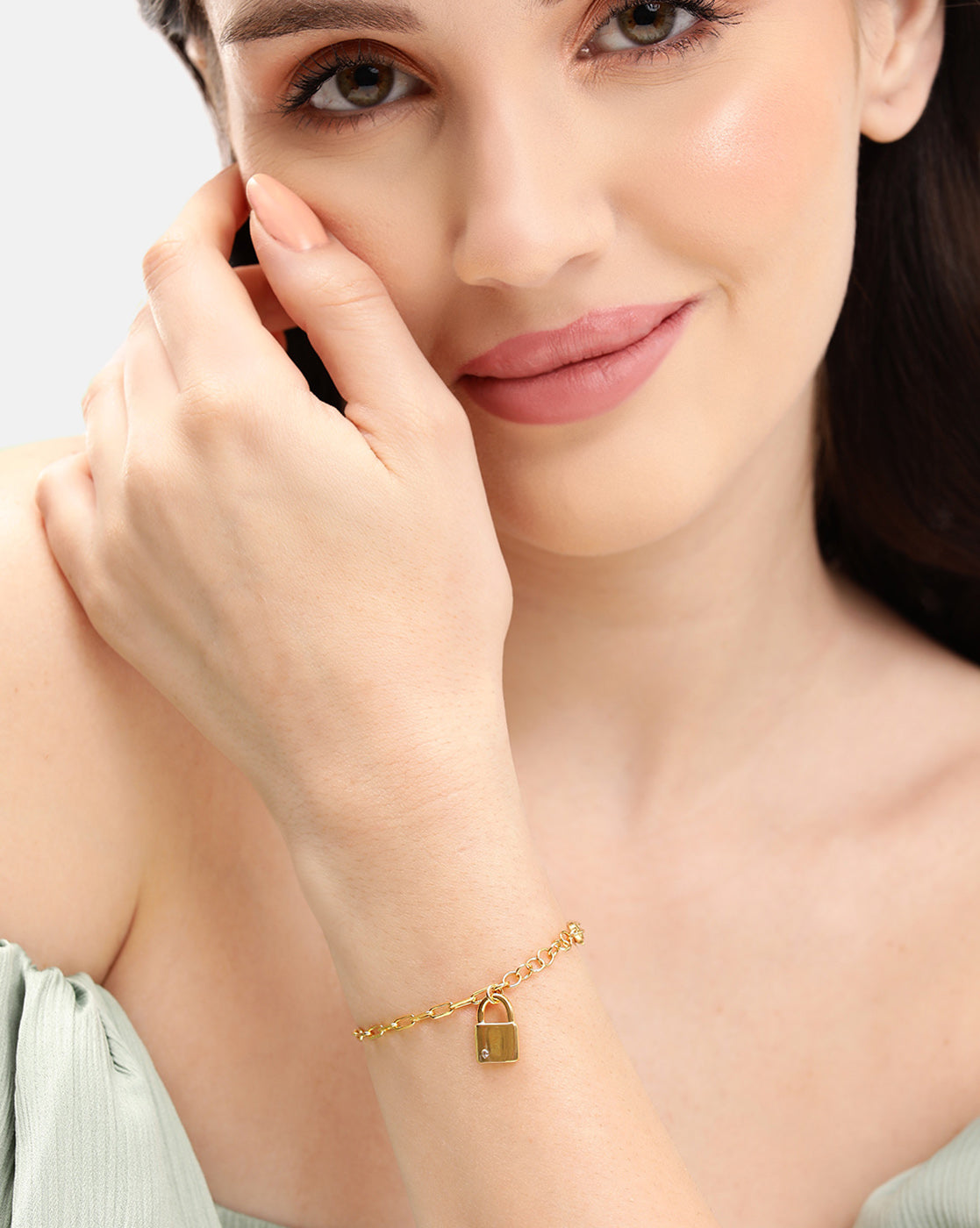 18kt Gold Plated CZ Studded Dangling Lock Charm Adjustable Bracelet with Paperclip Chain