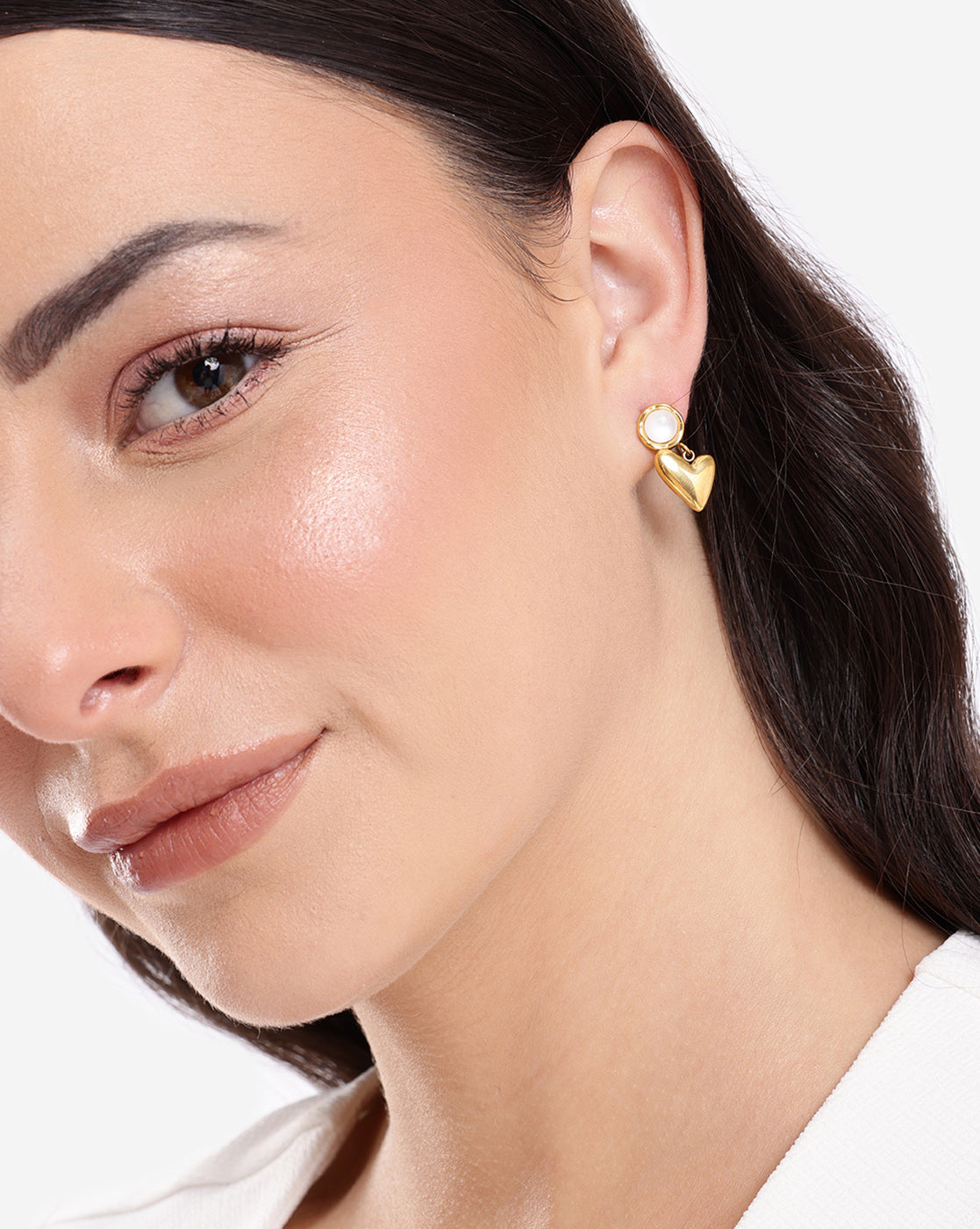 Gold Plated Pearl Studded Heart Drop Dangling Earring