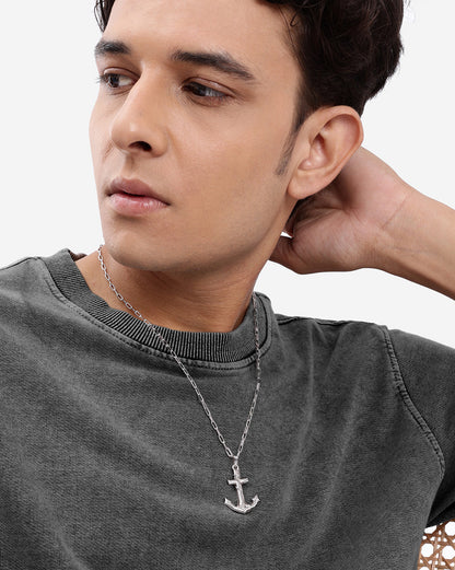 Rhodium Plated Anchor Pendant and Chain for men