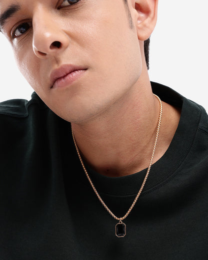 Men Stainless Steel Rose Gold Plated Black Stone Octagon Pendant and Chain