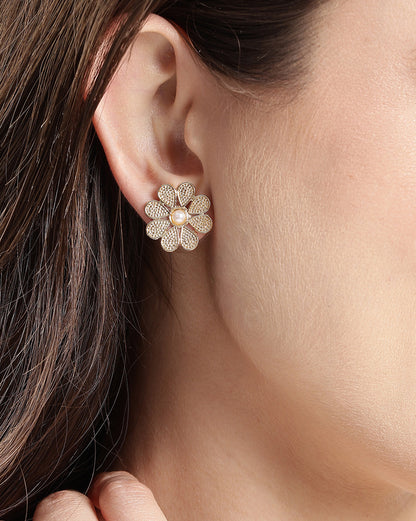 Gold Plated Pearl Textured Blossom Flower Stud Earrings