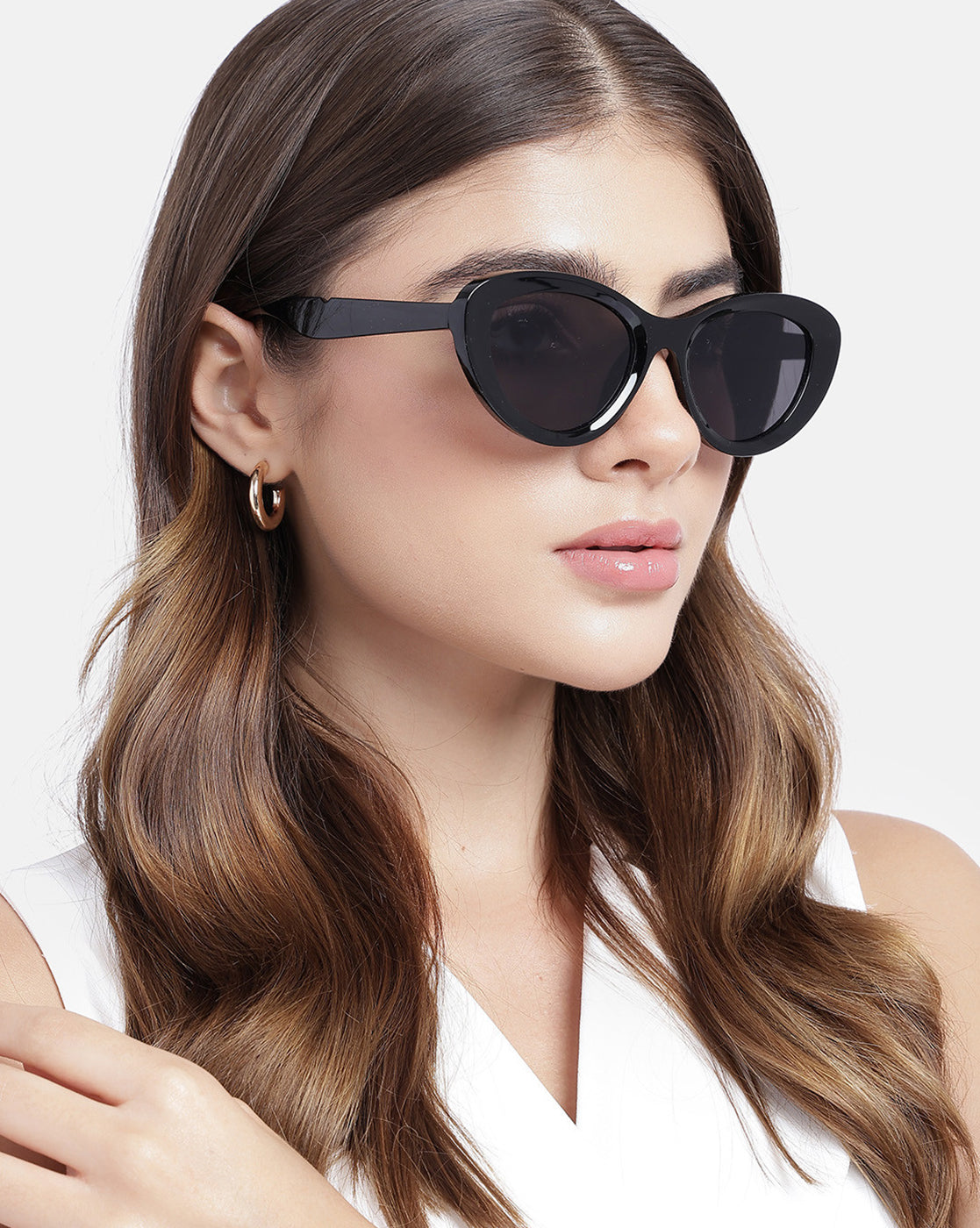 Women Black Toned UV Protected Purple Lens Cateye Sunglasses