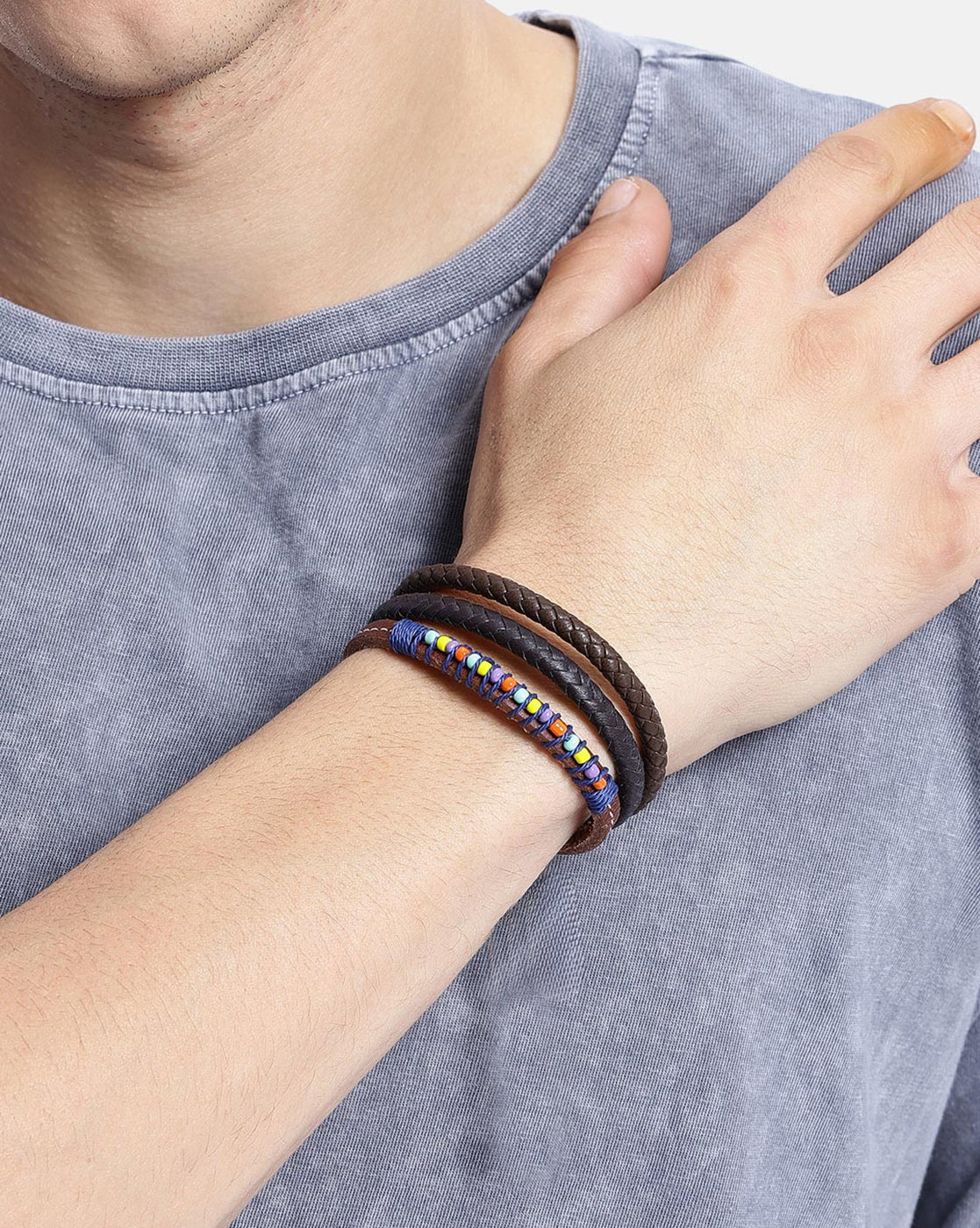 Men Set of 2 Braided Multistrand Adjustable Faux Leather Bracelet