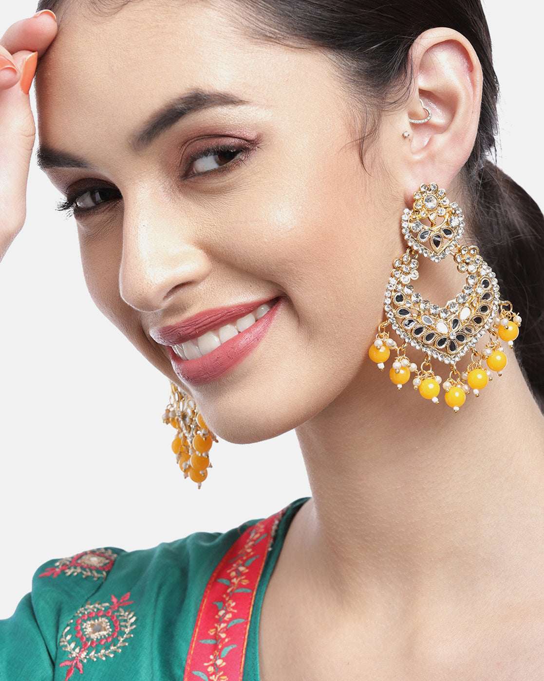 Gold Plated Mirror-Detail Chandbali Earrings with Yellow Bead Drops