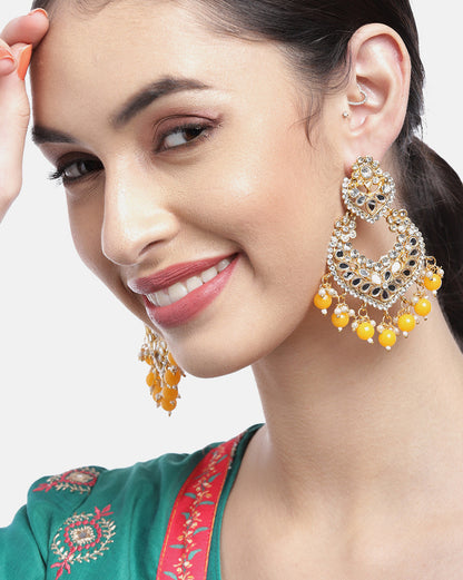 Gold Plated Mirror-Detail Chandbali Earrings with Yellow Bead Drops