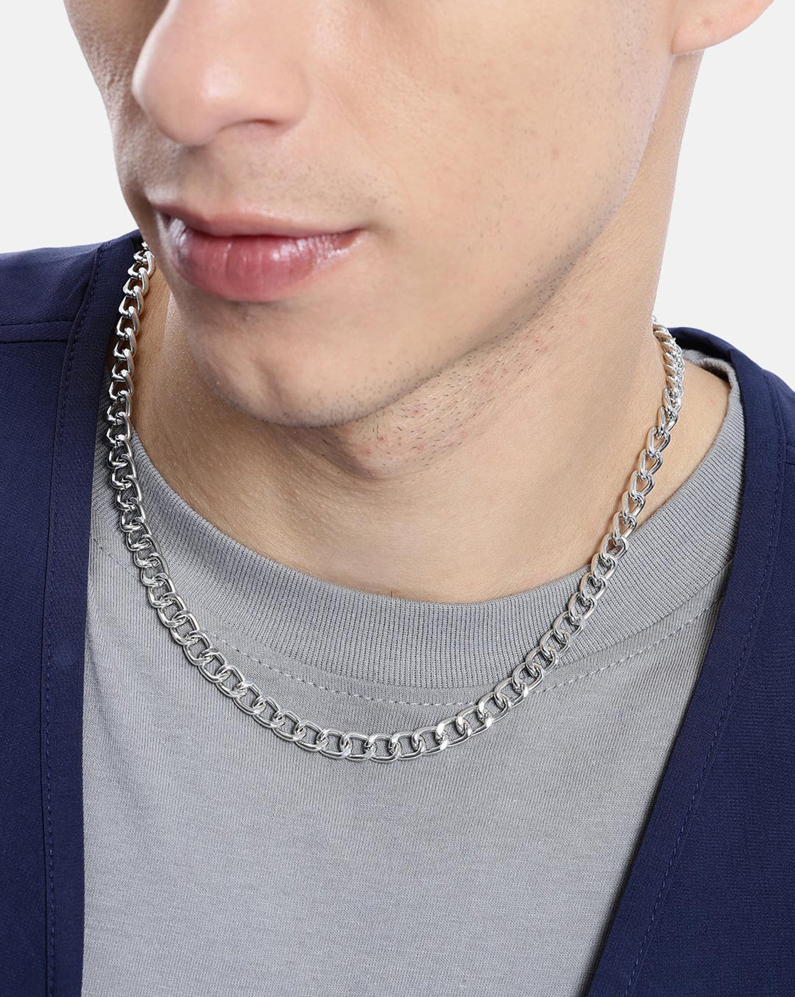 Men Silver Plated Elongated Oval Link Chain Necklace