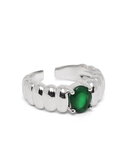 Rhodium Plated Emerald Blue Stone Adjustable Ring