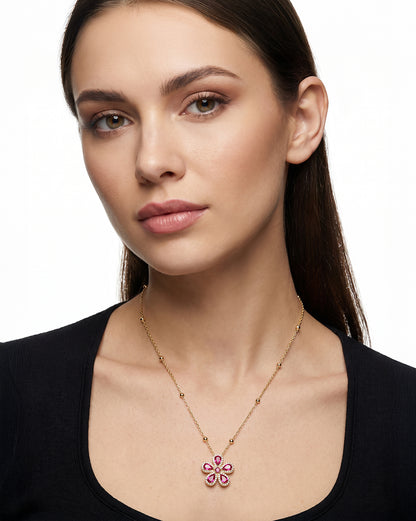 Gold Plated Designer Ruby Red Flower with CZ Pendant and Chain