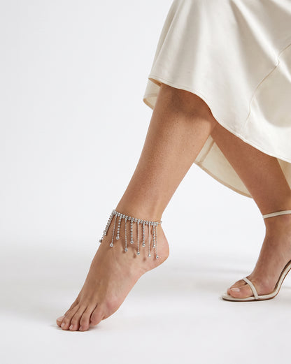 Silver Plated Rhinestone Tassel Fringe Anklet
