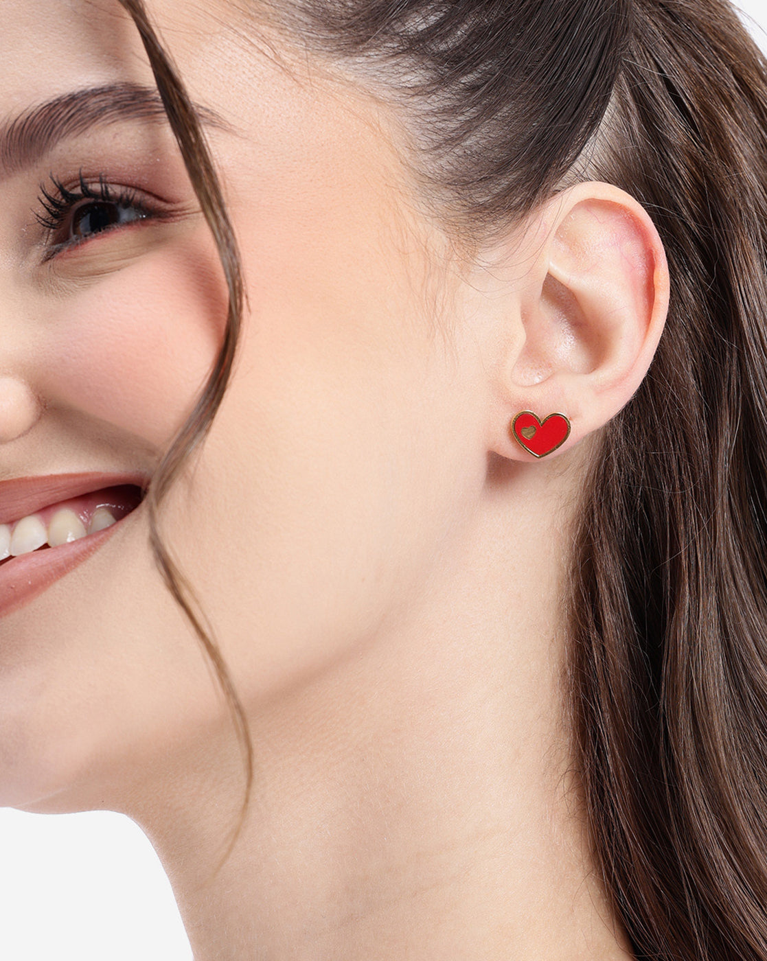 18kt Gold Plated Mini Red Enamel Heart Stud Earring