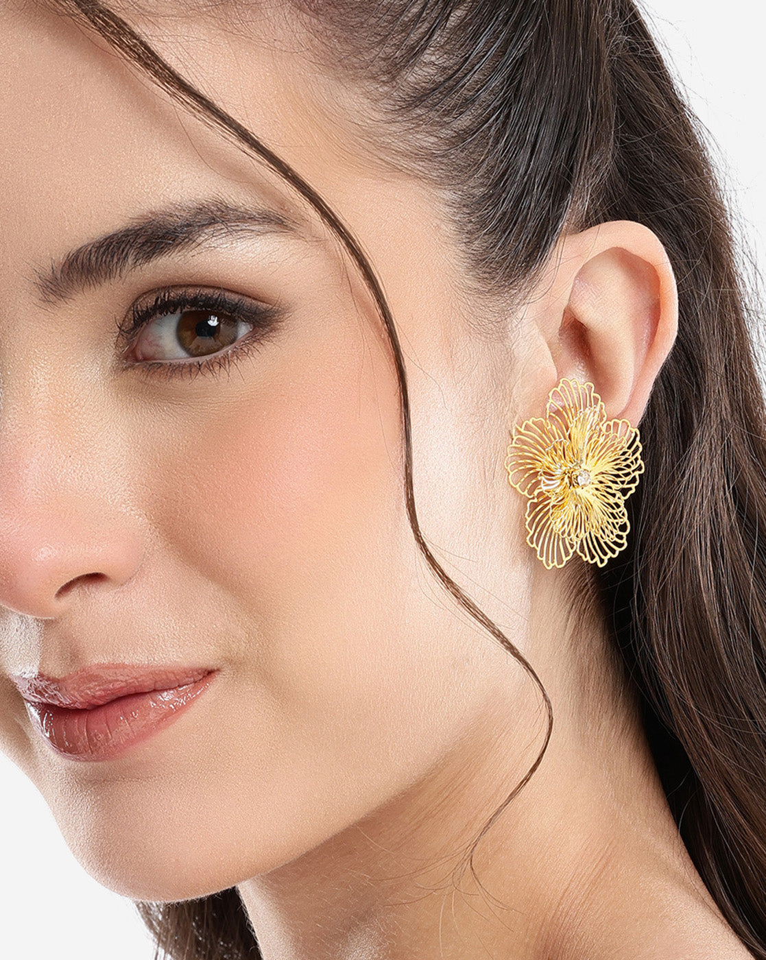 Gold Plated CZ Sparkle Filigree Floral Bold Stud Earring
