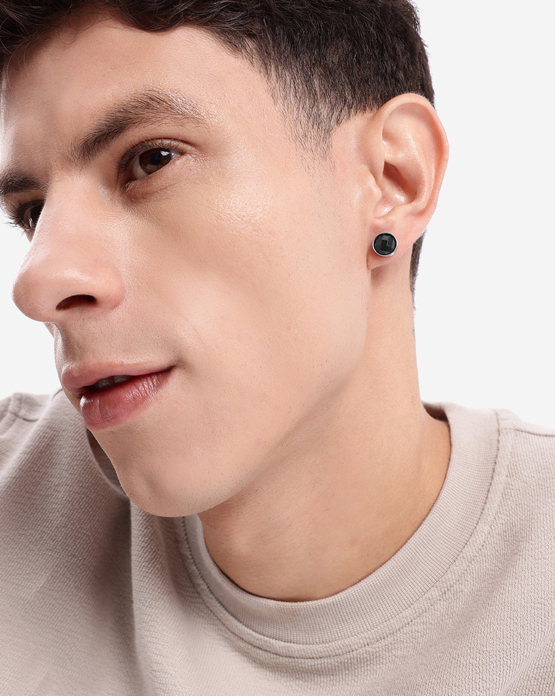 Men Silver Plated Black CZ Stud Earring