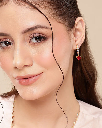 18KT Gold-Plated Modern Ruby Red CZ Heart &amp; Solitaire Drop Earrings