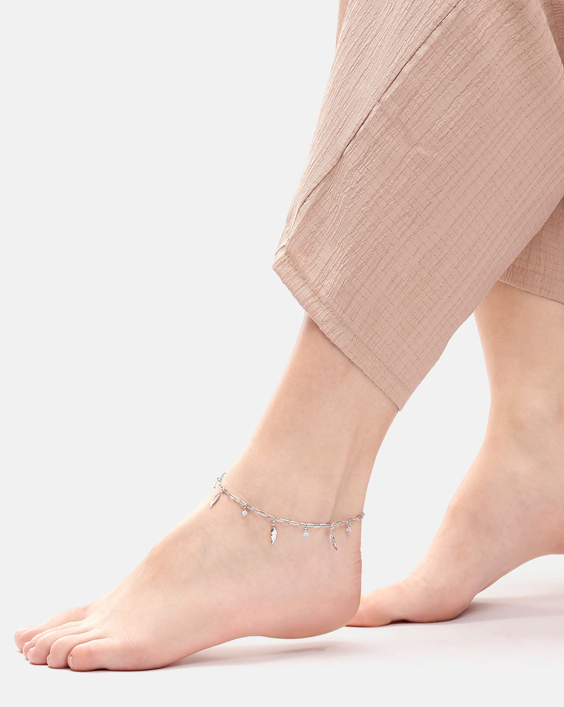 Rhodium Plated Dainty Leaf &amp; Crystal Charm with Paperclip Adjustable Chain Anklet