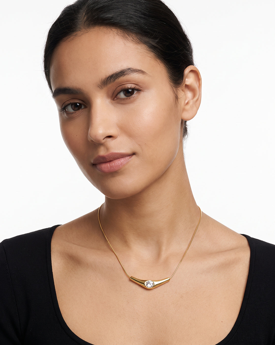 Gold Plated Curved Solitaire Studded Bar Pendant and Snake Chain