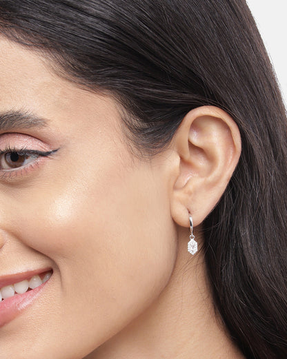 925 Sterling Silver Rhodium Plated CZ Geometric Hoop Earring