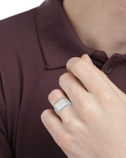 Men Rhodium Plated Signet Ring with Flat Rectangular Face