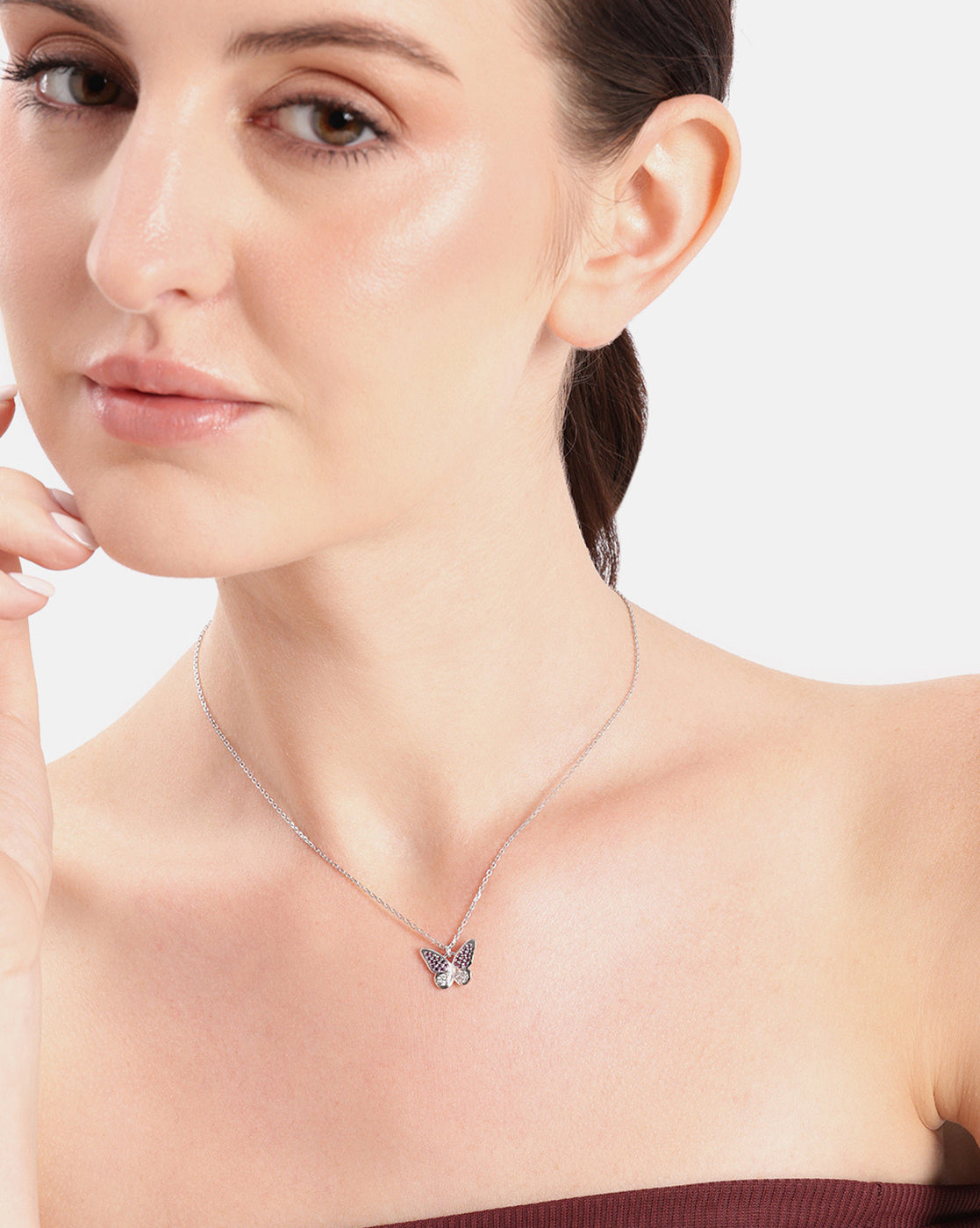 Rhodium Plated Amethyst CZ Studded Butterfly Pendant and Chain Necklace