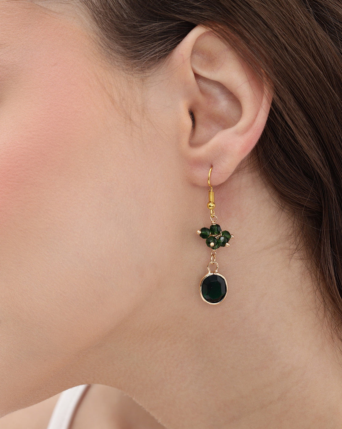 Gold Plated Green Crystal Studded Contemporary Oval Drop Earring
