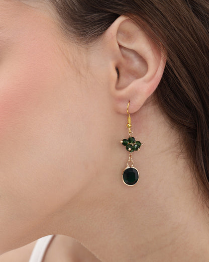 Gold Plated Green Crystal Studded Contemporary Oval Drop Earring