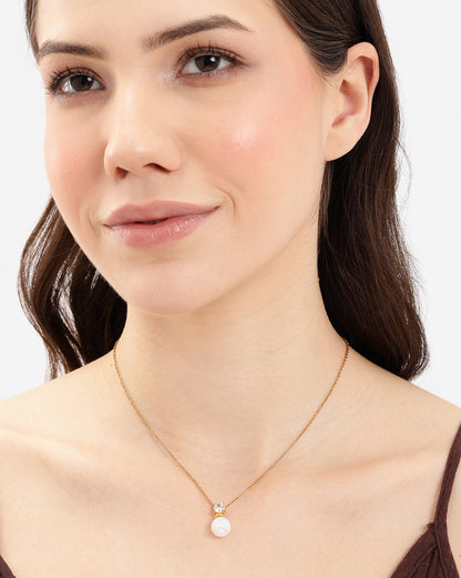 Gold Plated Solitaire Studded Dangling Pearl Pendant and Chain