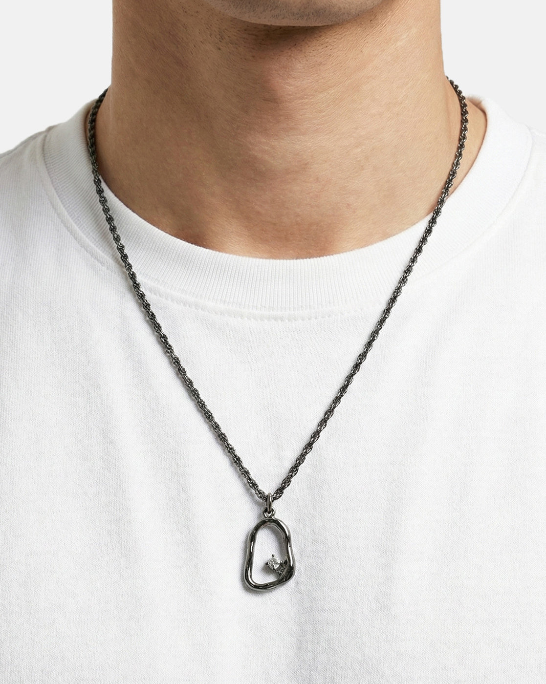 Men Black Asymmetric Organic Loop Pendant and Matching Dark Chain