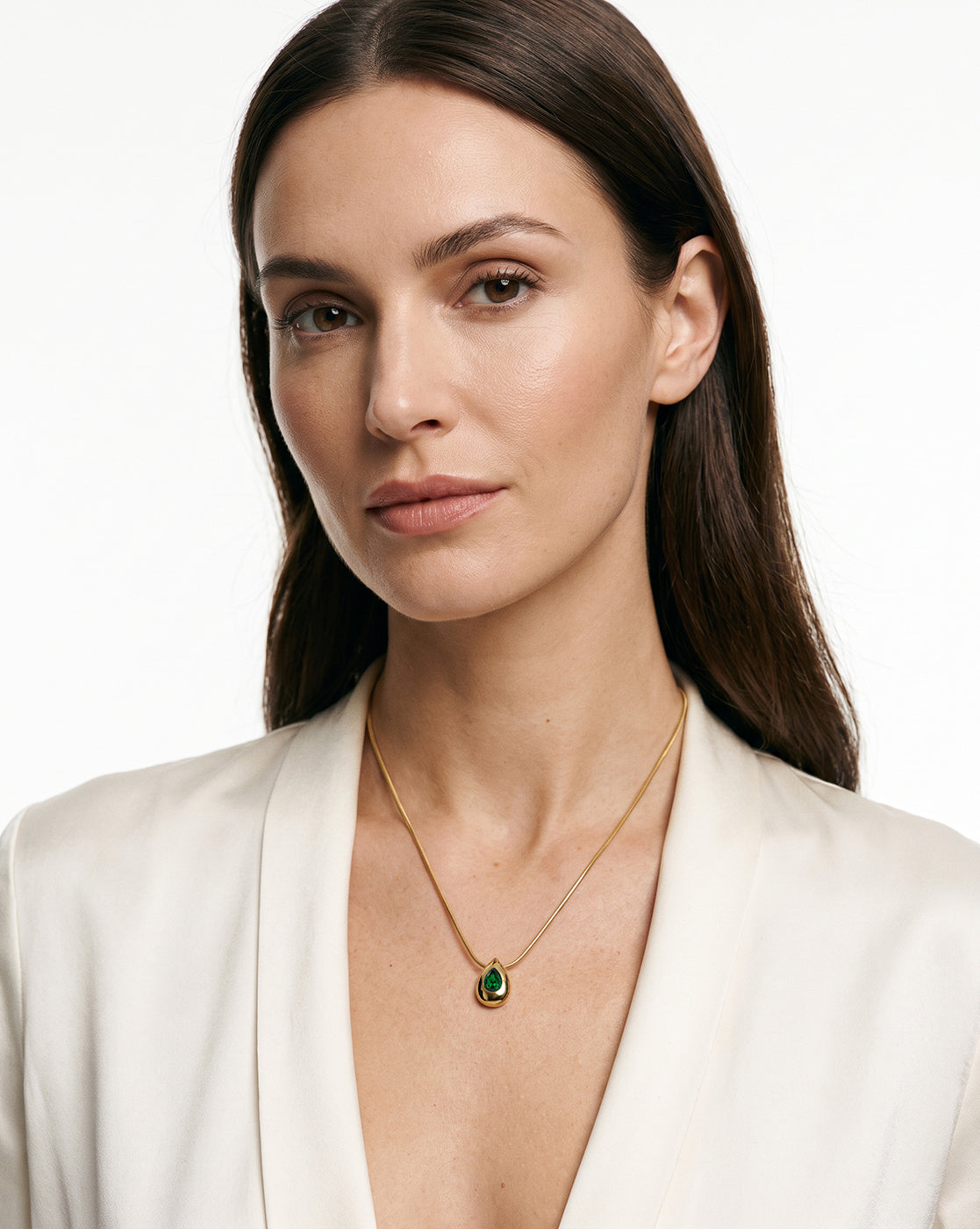 Gold Plated Emerald Green Studded Teardrop Pendant and Snake Chain