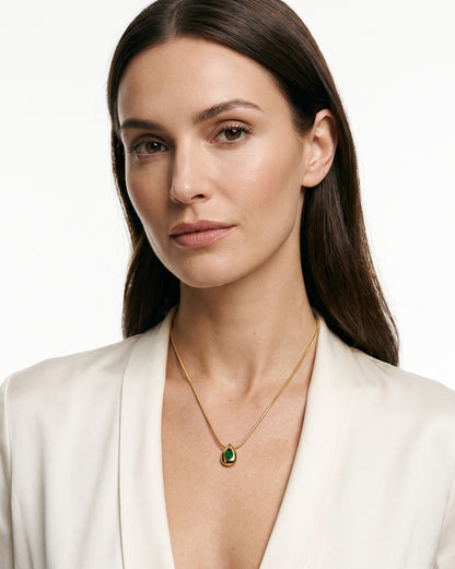 Gold Plated Emerald Green Studded Teardrop Pendant and Snake Chain