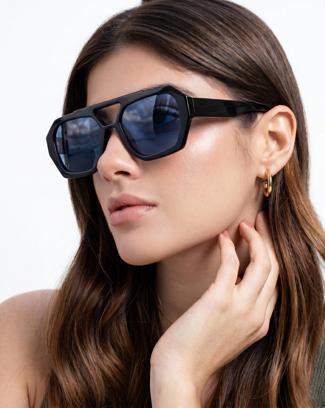 Unisex Black Toned UV Protected Blue Lens Hexagonal Sunglasses