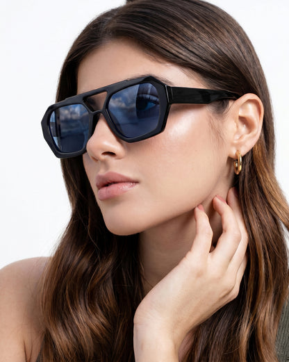 Unisex Black Toned UV Protected Blue Lens Hexagonal Sunglasses