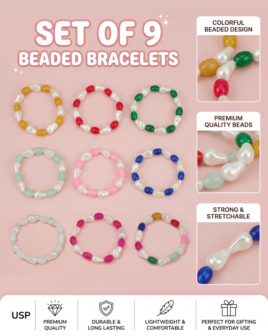 Set of 9 Multi Coloured Bead &amp; Pearl Stretchable Bracelet for Girl