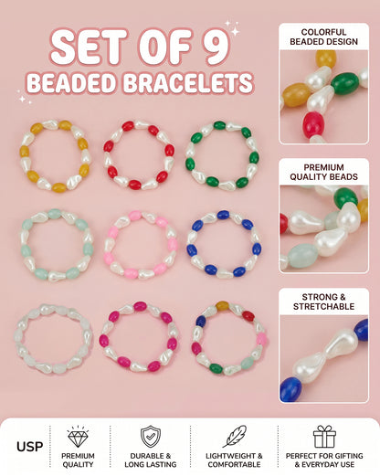 Set of 9 Multi Coloured Bead &amp; Pearl Stretchable Bracelet for Girl