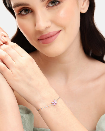 Rhodium-Plated Dainty Pink CZ Butterfly Charm Adjustable Bracelet