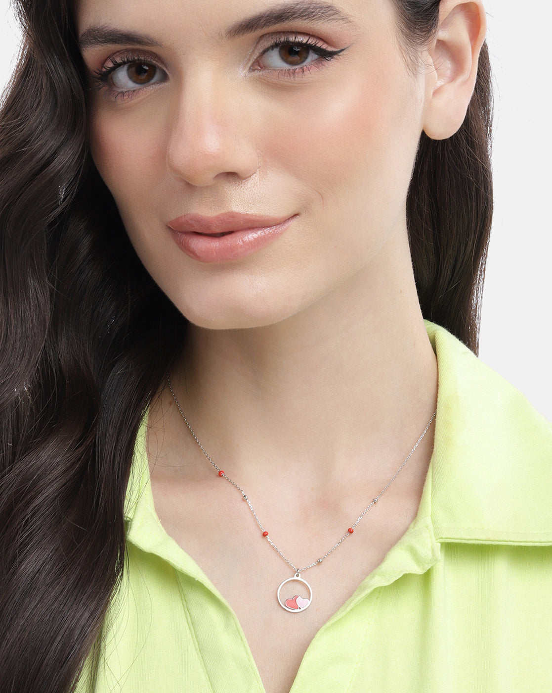 925 Sterling Silver Rhodium Plated Enamel Twin Heart in Circular Pendant and Chainn