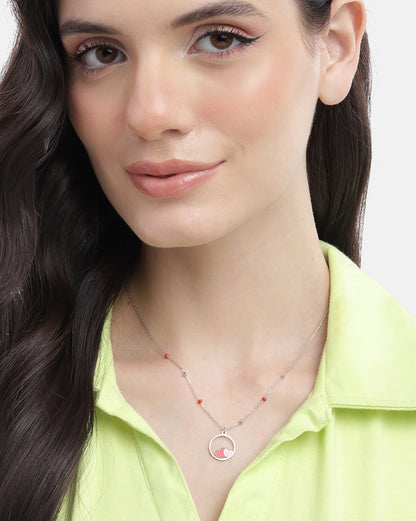 925 Sterling Silver Rhodium Plated Enamel Twin Heart in Circular Pendant and Chainn