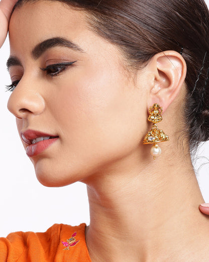 Gold Plated Temple and Laxmi Pearl Dome Jhumka Earring