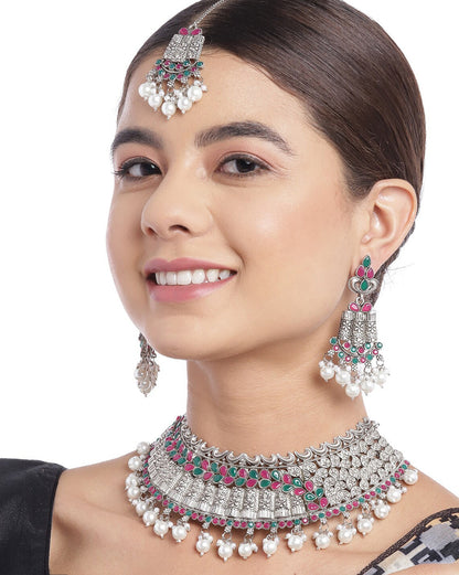 Silver Plated Oxidised Traditional Red Green Stone Jewellery Set with Maang Tika