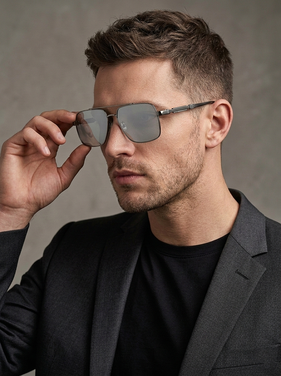 Men Metallic and Black Toned Clear Polarised Lens Rectangle Sunglasses