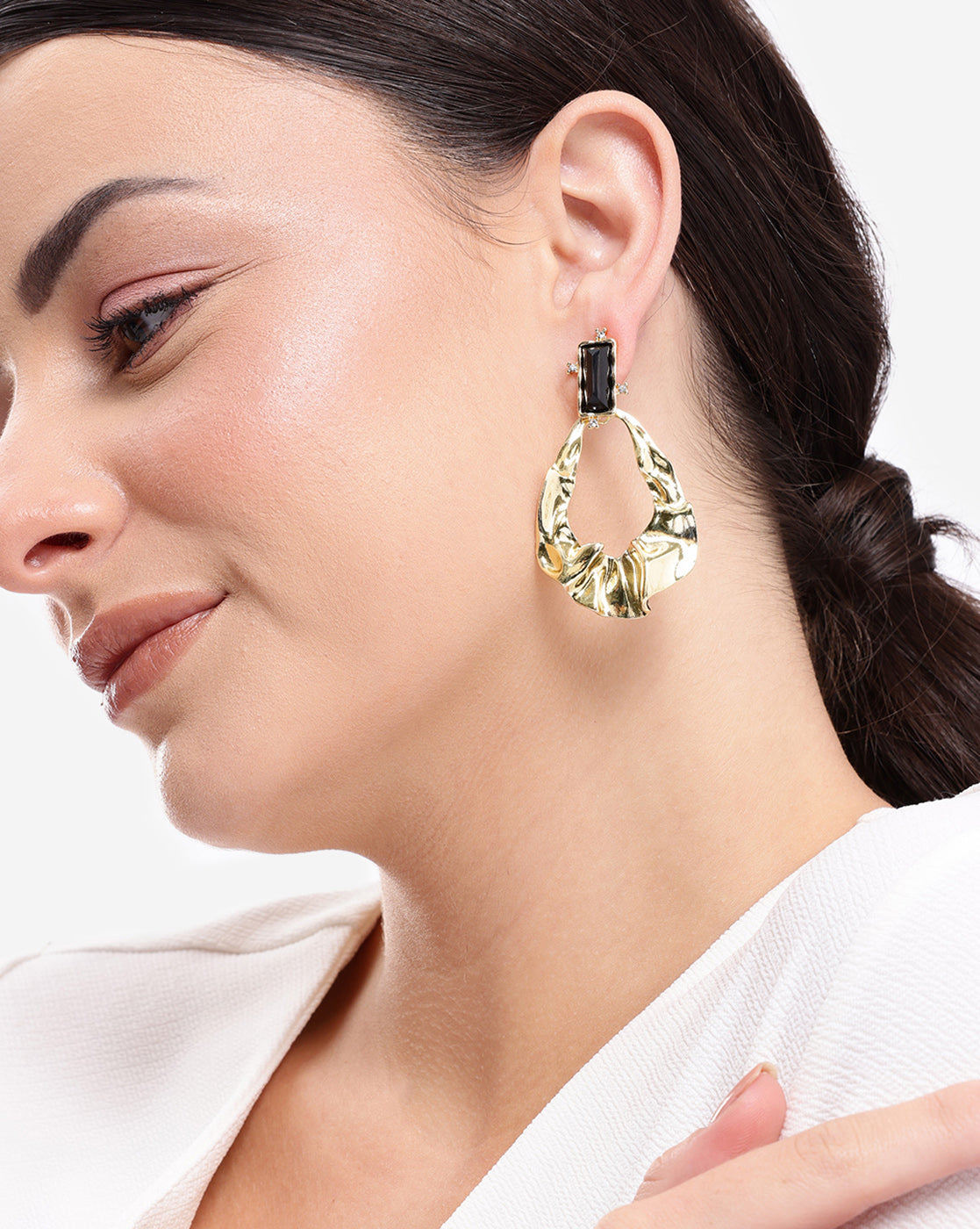 Gold Plated Statement Black Solitaire Stone Hammered Textured Drop Earrings