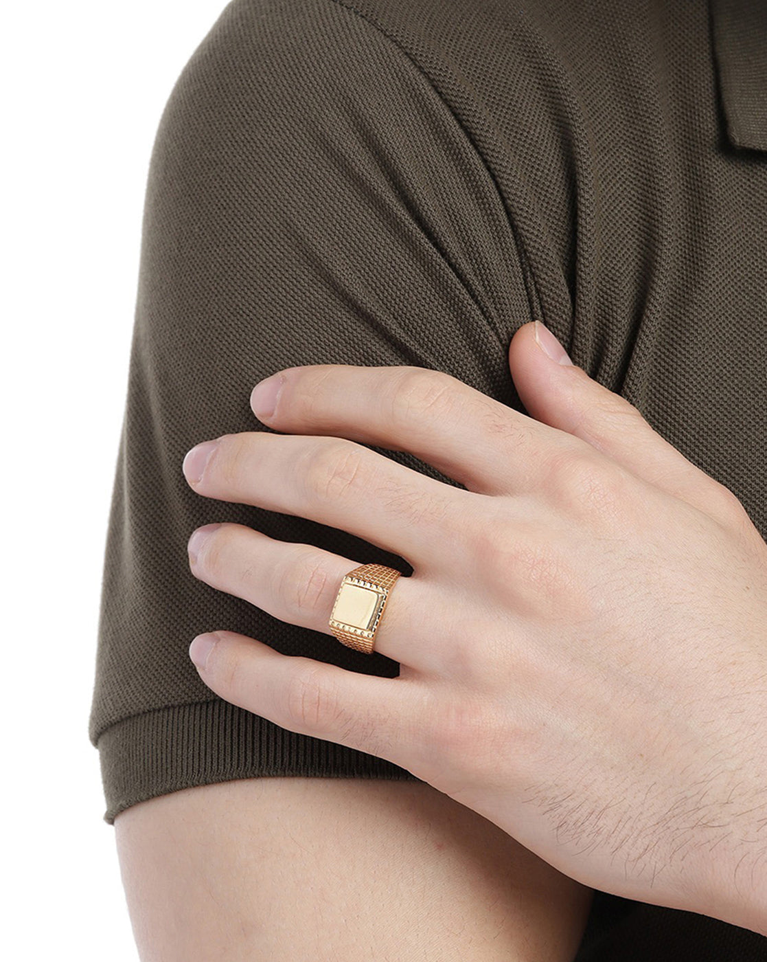 Men 18kt Gold Plated Square Signet Ring with Checkered Band