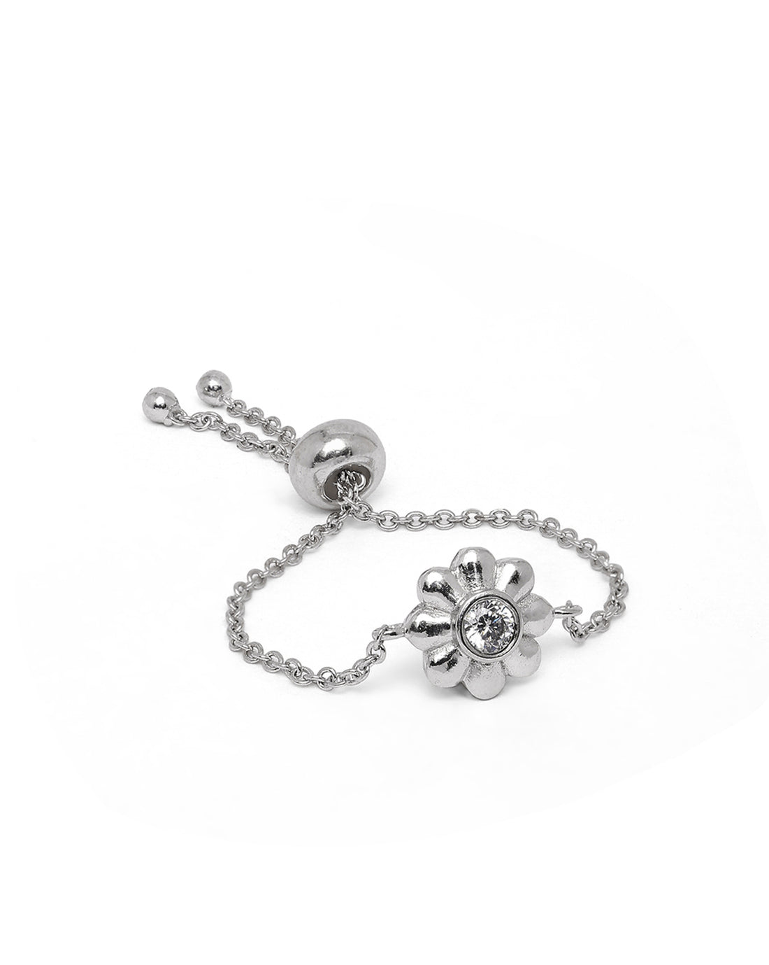 Rhodium Plated CZ Floral Adjustable Chain Ring