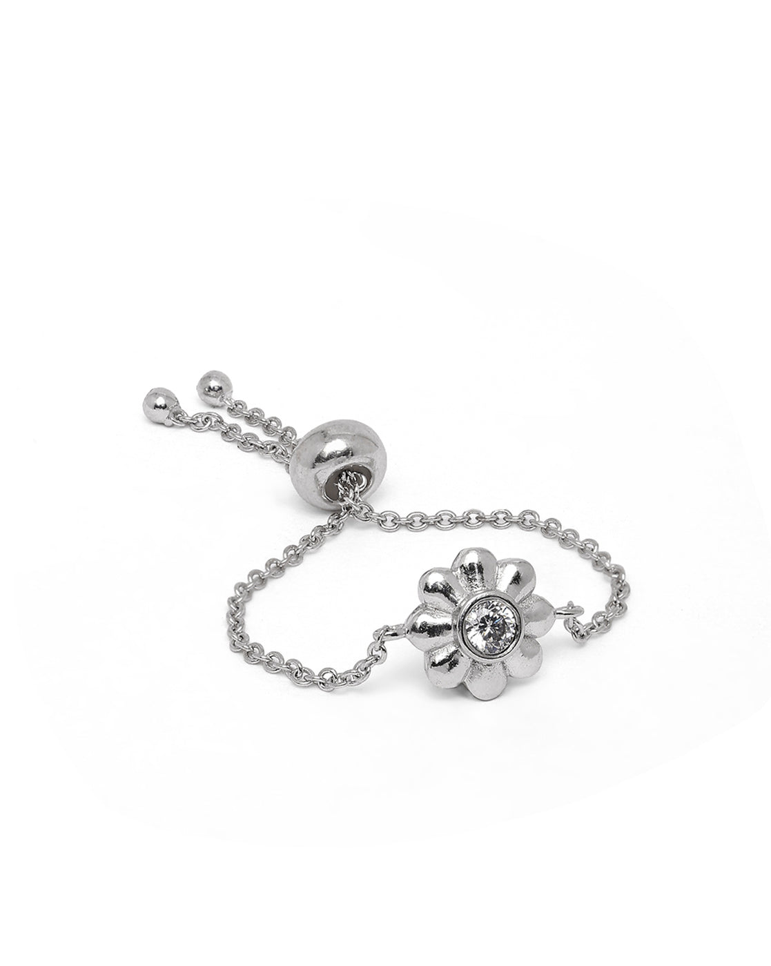 Rhodium Plated CZ Floral Adjustable Chain Ring